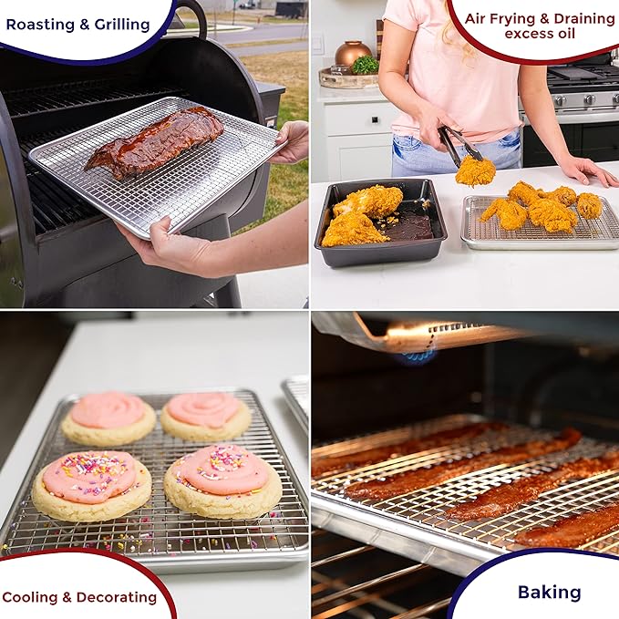 KITCHENATICS Small Quarter Sheet Baking Pan with Rack, Stainless Steel Baking Rack & Aluminum Cookie Sheet Baking Pan Toast Oven Tray w/Cooling Rack, 1/4 Sheet Pan & Wire Rack Set - 9.6" x 13" IN Pan