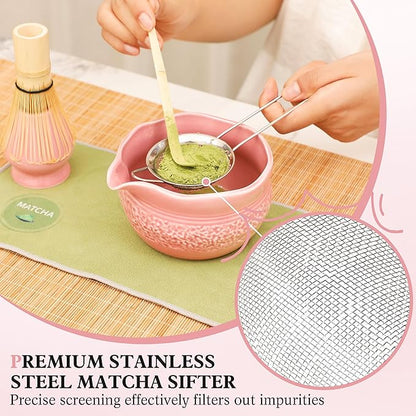 Matcha Whisk Set, Pink Matcha Set, 8 Pcs Complete Ceramic Matcha Making Kit with Bowl, Bamboo Whisk & Holder, Stainless Sifter, Tea Towel, Scoop & Scoop Rest, Perfect for Beginners & Lovers