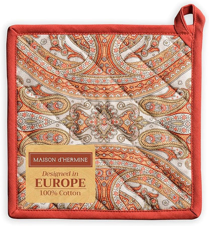 Maison d' Hermine Pot Holders 100% Cotton Heat Resistant Potholders 8" x 8" Hot Pads with Loop BBQ, Cooking, Baking, Grilling, Kitchen, Handling Hot Pans (Pack of 1, Kashmir Paisley)