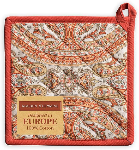 Maison d' Hermine Pot Holders 100% Cotton Heat Resistant Potholders 8" x 8" Hot Pads with Loop BBQ, Cooking, Baking, Grilling, Kitchen, Handling Hot Pans (Pack of 1, Kashmir Paisley)