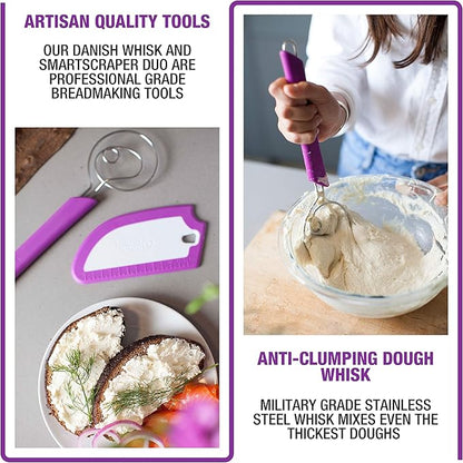 Artisan Bread Whisk and Bench Scraper Duo - Essential Dough Mixer Tools - Sourdough Bread Baking Supplies