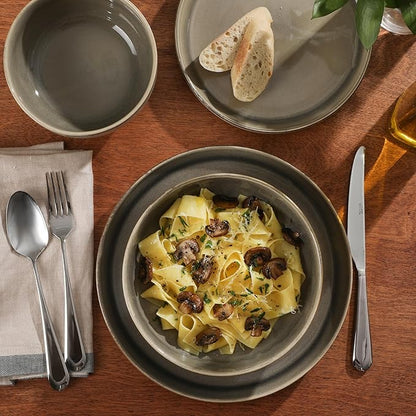 Gibson Elite Sunveil 16 Piece (Service for 4) Plates and Bowls Reactive Glaze Round Dishes Stoneware Ceramic Dinnerware Set -Taupe