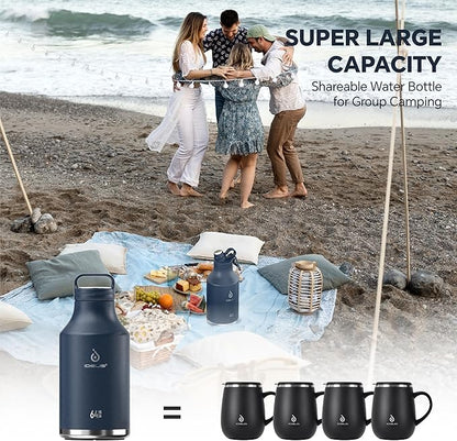 IDEUS Insulated Stainless Steel Water Bottle with 2 Leak-Proof Lids, Thermal Water Flask for Hiking Biking, 64oz, Navy Blue