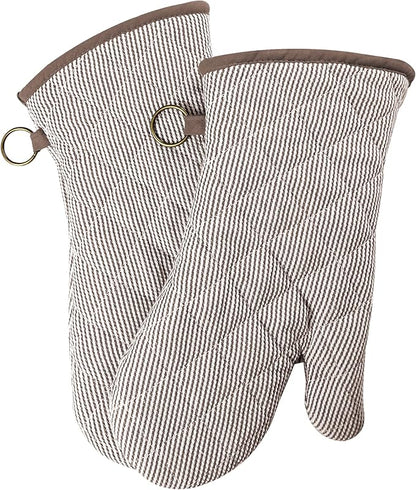 1 Pair Yarn Dyed Oven Mitts 100% Cotton Heat Resistant 470 Degree Gloves Men Women Cooking Baking Barbecue BBQ Microwave Crafting Machine Washable Pot Holders Mittens (Khaki)