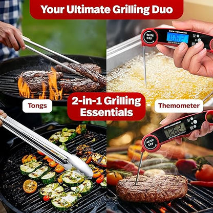 Meat Thermometer Digital Wireless with Cooking Tongs for Cooking & Grilling - Ultra-Fast Waterproof Food Thermometer with Backlight & Calibration for BBQ, Candy, Oven, Kitchen Essentials (Black/Red)