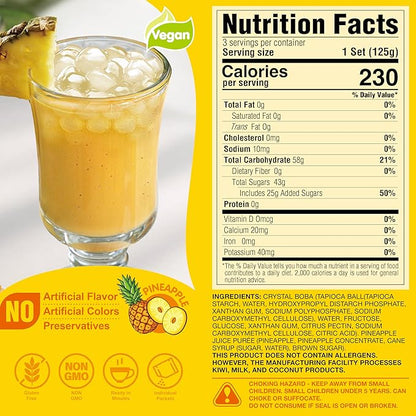 J WAY Instant Boba Bubble Pearl Pineapple Juice Drinks Kit with Authentic Crystal Tapioca Boba, Ready in Under One Minute, Paper Straws Included, 3 Servings