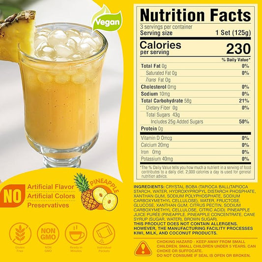 J WAY Instant Boba Bubble Pearl Pineapple Juice Drinks Kit with Authentic Crystal Tapioca Boba, Ready in Under One Minute, Paper Straws Included, 3 Servings
