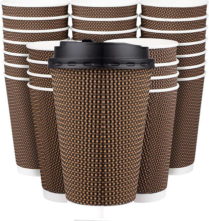 Promora Brown Disposable Coffee Cups With Lids 16 oz, Premium Insulated Paper Ripple Cups for Hot Coffee (80 Pack)