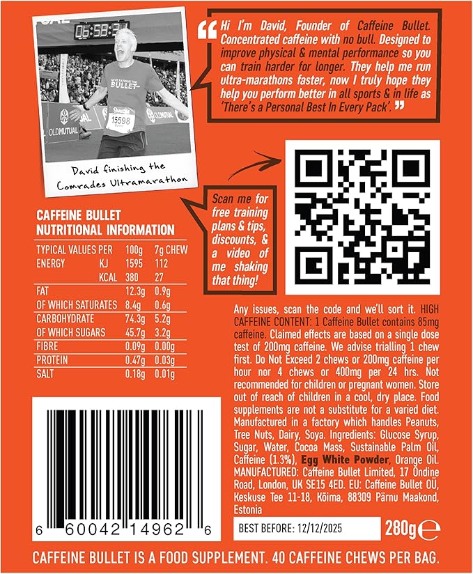 Caffeine Bullet Energy Chews - Chocolate Orange. 40 * 85mg - Faster Kick Than Pills, Gels and Gum. Sport Science for Running, Cycling, Gaming & A Pre Workout Endurance Boost.