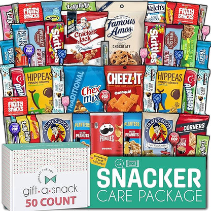 Gift A Snack - Thanksgiving, Holiday, Christmas Stocking Stuffer Snack Box Variety Pack Care Package + Greeting Card (50 Count) Birthday Sweet Treats Gift Basket, Candies Chips Crackers Bars