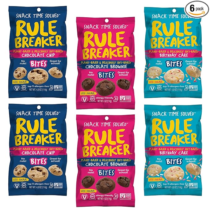 Rule Breaker Vegan & Gluten Free Cookies | Variety Pack Brownie Bites | Plant-Based, Dairy, Nut, Soy, Allergen Free, Kosher | Soft-Baked Snacks for Kids and Adults (Pack of 6)
