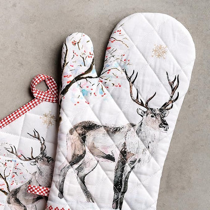 Maison d' Hermine 100% Cotton Oven Mitt & Pot Holder Set (7.5"x13" & 8"x8") Heat Resistant BBQ Cooking Gloves with Loop, Baking, Grilling, Kitchen, Handling Hot Pans (Rural Christmas)