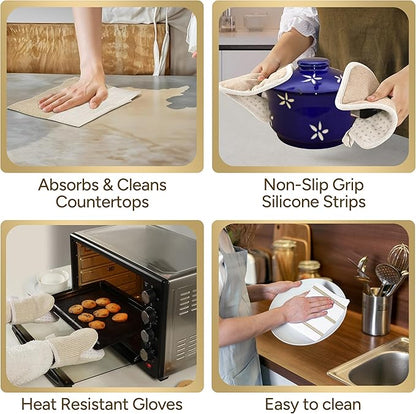 Casa Platino Pot Holders and Oven Mitts, 8-Piece – 500°F Heat Resistant Mini Oven Mitts with Silicone Grip, Potholders for Kitchens, 2 Kitchen Towels & 2 Dish Cloths – Non-Slip & Durable – Beige