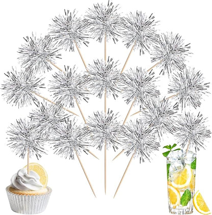 40 PCS Foil Firework Cupcake Toppers Fireworks Cupcake Picks Sparkle Tinsel Cake Decorations Cocktail Fruit Toothpick for Firework Theme Birthday Wedding Graduation Party Decorations Supplies Silver