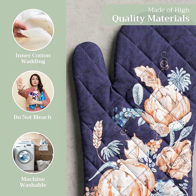 Maison d' Hermine Oven Gloves 100% Cotton Oven Mitt 7" x 13" with Loop Heat Resistant, BBQ, Cooking Gloves, Baking, Grilling, Kitchen, Handling Hot Pans (Pack of 1, Pumpkin Blues)