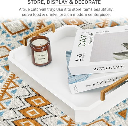 Decorative Acacia Wood Ottoman Tray - Coffee Table Tray - Breakfast, Party, Drinks, Snack, Liquor Serving Platter - Farmhouse to Modern - Brass Handles (Moonlight White)