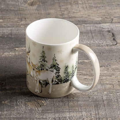 Maison d' Hermine Coffee Mug with Handles Fine Bone China Mugs Pack of One Tea Cups for Hot Beverages Cappuccino Latte Home Office Perfect for Gift (Deer In The Woods - Forest Deer, 12 Ounce)