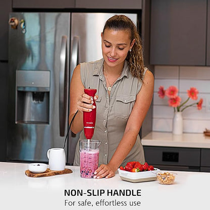 OVENTE Immersion Hand Blender, 300W Electric Handheld Portable Stick Mixer Set with 2 Mixing Speed, Stainless Steel Blades, Egg Whisk Attachment, Mixing Beaker and BPA-Free Food Chopper, Red HS565R