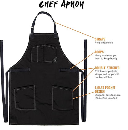 Under NY Sky Chef Apron – Professional Black Twill – Cotton Straps - Smart Pockets - Adjustable for Men and Women – Pro Chef, Cook, Kitchen, Baker, Barista, Bartender, Server Aprons