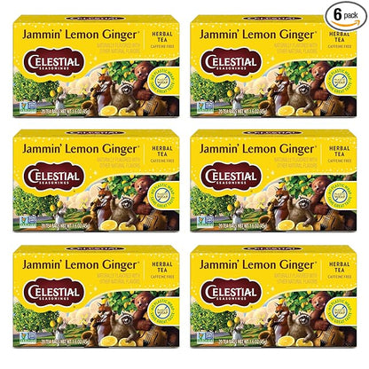 Celestial Seasonings Jammin' Lemon Ginger Herbal Tea, Caffeine Free, 20 Tea Bags Box (Pack of 6)