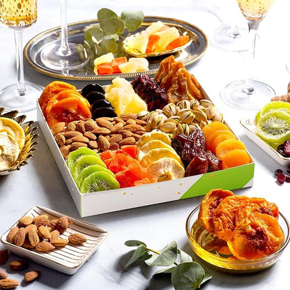NUT CRAVINGS - Thanksgiving Dried Fruit & Mixed Nuts Gift Basket in White Gold Box (12 Assortments) Holiday Xmas Christmas Food Arrangement, Healthy Snack Care Package, Food Assortments
