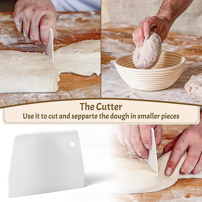 Sourdough Bread Baking Supplies Starter Kit, Banneton Proofing Basket 9'' Round, Sourdough Starter Jar, Scraper, Scoring Lame, Brush, Short Danish Whisk, Gift Set