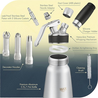 CURTA Stainless Steel Professional Whipped Cream Dispenser, Leak-Free Cream Whipper, Cream Maker with 3 Decorating Tips & Cleaning Brush, 500ml / 1 Pint Canister, N2O Charger (Not Included)