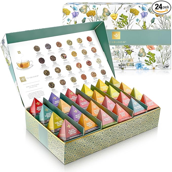 Teabloom - World's Finest Pyramid Tea Collection, 24 Varieties of USDA Certified Organic Teas - Black, Green, White, Oolong & Herbal Tea Blends