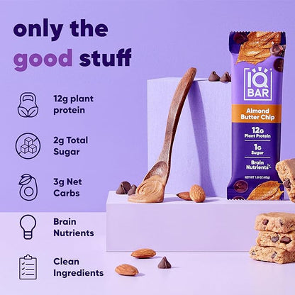 IQBAR Brain and Body Plant Protein Bars - Almond Butter Chip - 36-Count - Keto, Vegan, Low Carb, High Fiber, Gluten Free, Dairy Free, Low Sugar Snack with Nutrients for Focus, Energy, Meal Replacement