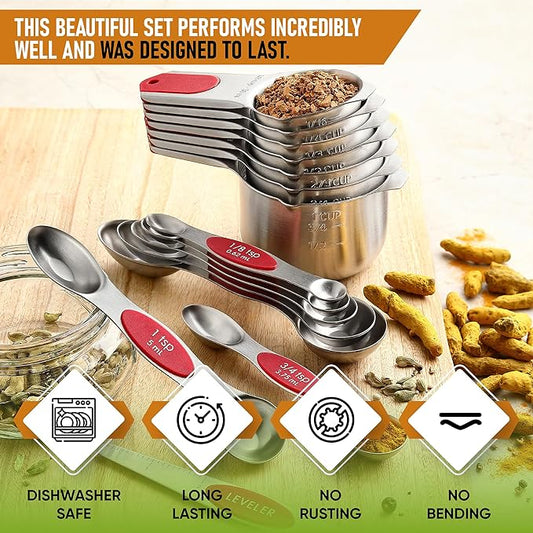 Spring Chef Magnetic Measuring Cups & Spoons Set (Patent Pending), Strong N45 Magnets, Heavy Duty Stainless Steel Fits in Spice Jars for Baking & Cooking, BPA Free, Round Set of 15 with Leveler, Red