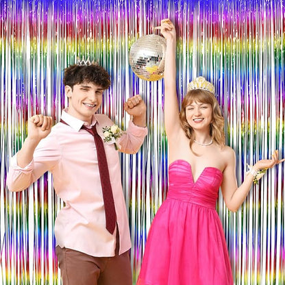 BRAVESHINE Fringe Backdrop Tinsel Foil Curtains - 2 Pack Colorful Metallic Streamers Backdrops for Doorway Decor/80's/90's/Dance/Graduates/Rainbows-Theme/Candylands/Kids Birthdays Party Decorations