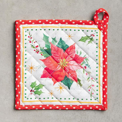 Maison d' Hermine Pot Holders 100% Cotton Heat Resistant Potholders 8" x 8" Hot Pads with Loop BBQ, Cooking, Baking, Grilling, Kitchen, Handling Hot Pans (Pack of 1, Poinsettia Christmas)