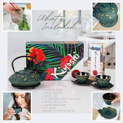 7PC Japanese Tea Set. "KIYOSHI Green" Cast Iron Tea Pot with 2 Tea Cups, 2 Saucers, Infuser and Teapot Trivet. Ceremonial Matcha Accessories