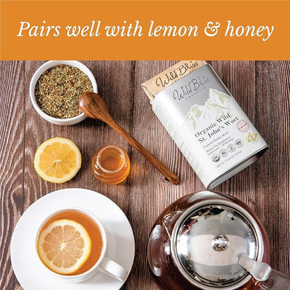 Wild Bliss Organic St Johns Wort Tea - Caffeine Free Mood Balance Support Herbal Tea - Pharmacopoeia Potency - Loose Leaf 3.52 Oz - 50 Servings
