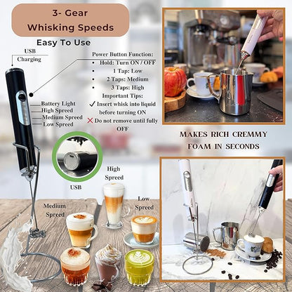 Rechargeable Handheld Milk Frother, Coffee Frother Wand with Stand and 2 Stainless Steel Whisks, Portable Mixer and Foamer, 3 Speed Whisk for Latte, Cappuccino, Matcha, Cocoa, Eggs, Black-1