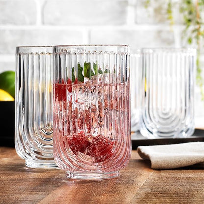 Glaver's Drinking Glasses Set of 4. 17oz Vintage Ripple Cocktail Glasses, Ribbed Highball Glass Cups. Arch Designed Art Deco Glassware for Water Juice Coffee.