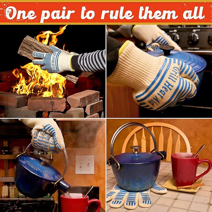 GRILL HEAT AID BBQ Grill Gloves Heat Proof for Grilling – Fireproof 1472°F Heat-Resistant Grill Mitts for Outdoor Barbecue and Smoker, Campfire, Fire Pit, Oven Glove with Fingers for Baking Pizza