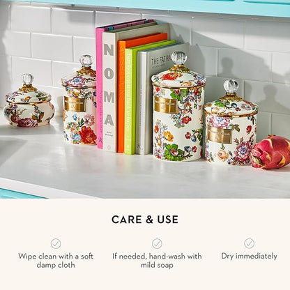 MACKENZIE-CHILDS Small Enamel Canister, Kitchen Storage Container for Flour and Sugar, 1.13 Liters, White Flower Market