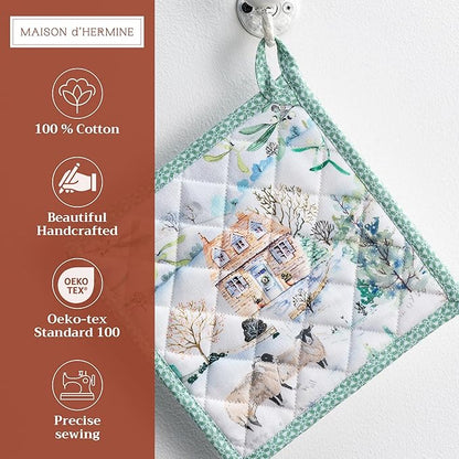 Maison d' Hermine Pot Holders 100% Cotton Heat Resistant Potholders 8" x 8" Hot Pads with Loop BBQ, Cooking, Baking, Grilling, Kitchen, Handling Hot Pans (Pack of 1, Snowy World)