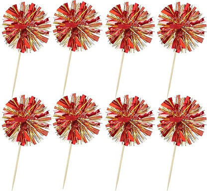 Ephlyn 30Pcs Foil Firework Cupcake Toppers Sparkle Tinsel Drink Birthday Cake Decorations Cocktail Food Fruit Toothpick for New Years Wedding Birthday Party Decorations Gold Red