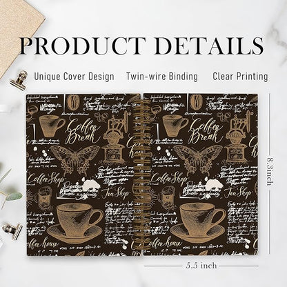 Retro Coffee Spiral Notebook, Coffee Themed Journal Notebook, Coffee Butterfly Notebooks for School Work, Coffee Tasting Office Supplies Gifts for Coffee Lovers Women Men, 5.5x8.3 Inch