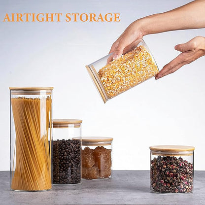 YUNCANG Glass Storage Jars [Set of 5],Clear Glass Food Storage Containers with Airtight Bamboo Lid Stackable Kitchen Canisters for Candy,Cookie,Rice,Sugar,Flour,Pasta,Nuts and Spice Jars