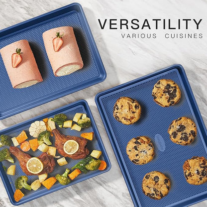 HONGBAKE Baking Sheet Pan Set, Cookie Sheets for Oven, Nonstick Half/Quarter/Jelly Roll Pans with Diamond Texture Pattern, Heavy Duty Cookie Tray, Dark Blue