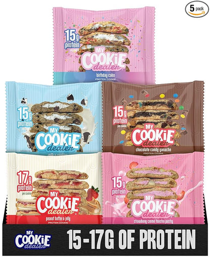 My Cookie Dealer Protein Cookies, Variety Pack (5-Pack, 2.2oz Each) - 15-17g of Protein per Cookie - Individually Wrapped Travel Snacks