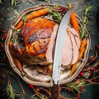 TUO Butcher Knife - 12 Inch Breaking Butcher s Knives Curved Granton Edge Carver Slicing Knife Long Meat Veggies Cleaver - German HC Steel Comfortable Pakkawood Handle - Fiery Series Gift Box Included