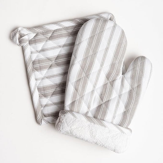 1 Oven Mitt, 1 PotHolder & 1 Kitchen Apron Set - Durable Heat Resistant Gloves - Thick Mittens for Kitchen - Suitable for Cooking, Baking, Grilling – Men & Women – Light Grey Stripes - Casa De Lan