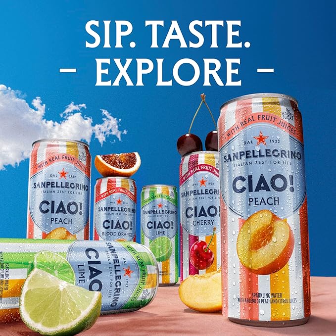 Sanpellegrino CIAO Peach Sparkling Water, Low-Calorie Italian Sparkling Water with Real Fruit Juices, 0g Added Sugar, 24-Pack