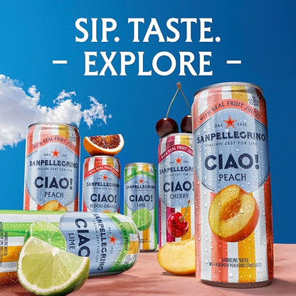 Sanpellegrino CIAO Peach Sparkling Water, Low-Calorie Italian Sparkling Water with Real Fruit Juices, 0g Added Sugar, 24-Pack
