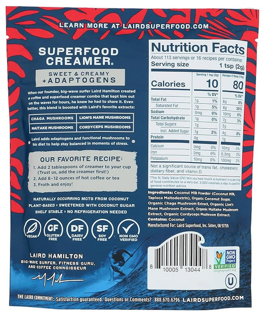 Laird Superfood Non-Dairy Coconut Powder Creamer - Sweet & Creamy + Adaptogens - Superfood Creamer with Functional Mushrooms - Non-GMO, Vegan, 8 oz. Bag, Pack of 1