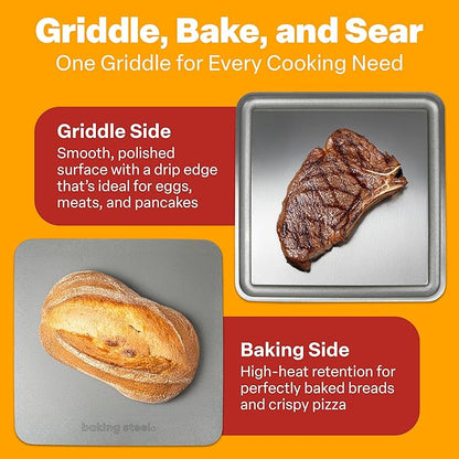 Baking Steel Mini Griddle (11.5"x11.5"x3/8") - Flat Top Griddle for Stovetope, Grill, and Oven Use - Pre-Seasoned, Naturally Non-Stick Surface & Crack-Proof